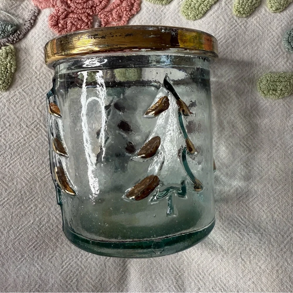 Hand Blown Glass Christmas Tree Candle Holder Gold Trim Aqua Seeded Glass Mexico